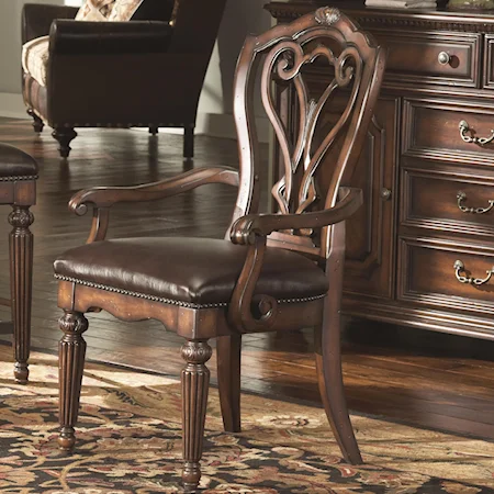 Dining Arm Chair with Decorative Moulding Back & Leather Seat
